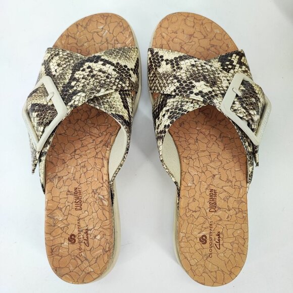 Clarks Women's JuneShell Taupe Snake Leather Slide Sandal Size 6M - Picture 4 of 9
